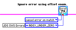 Smart General Error Handler fed by a "cancel error on match" enum constant and a JDS SWS "INDEX_UNDER_ZERO" offset enum constant at its exception terminals.