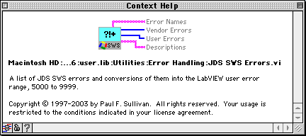 JDS SWS Errors.vi icon showing outputs: Error Names, Vendor Errors, User Errors, and Descriptions
