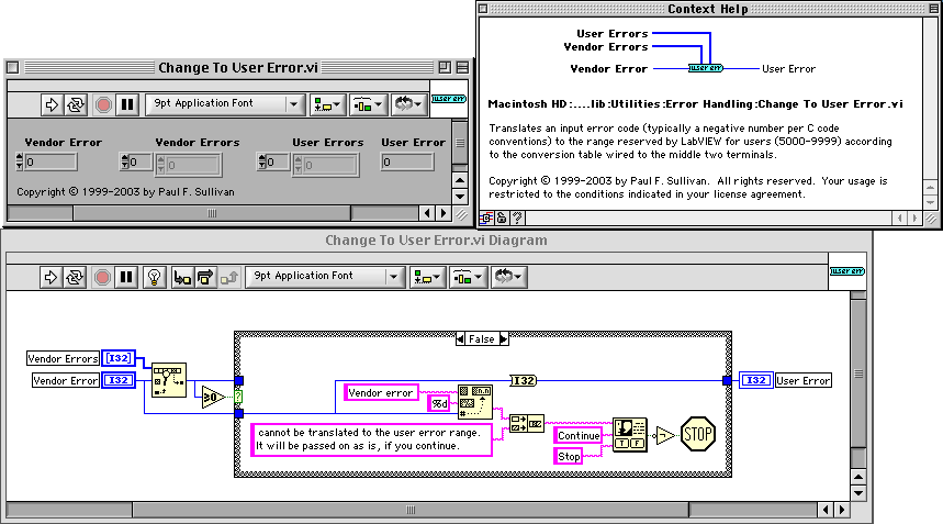 Front panel, description, and block diagram of Change To User Error.vi